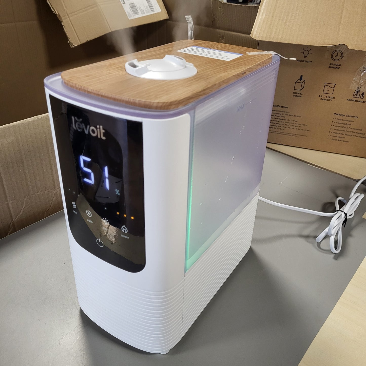 226091 - LEVOIT Lagështues inteligjent OasisMist, mjegull e ngrohtë dhe e ftohtë, 45 orë, 40m², 26dB, Modalitet automatik, Dritë e personalizuar, Kohëmatës