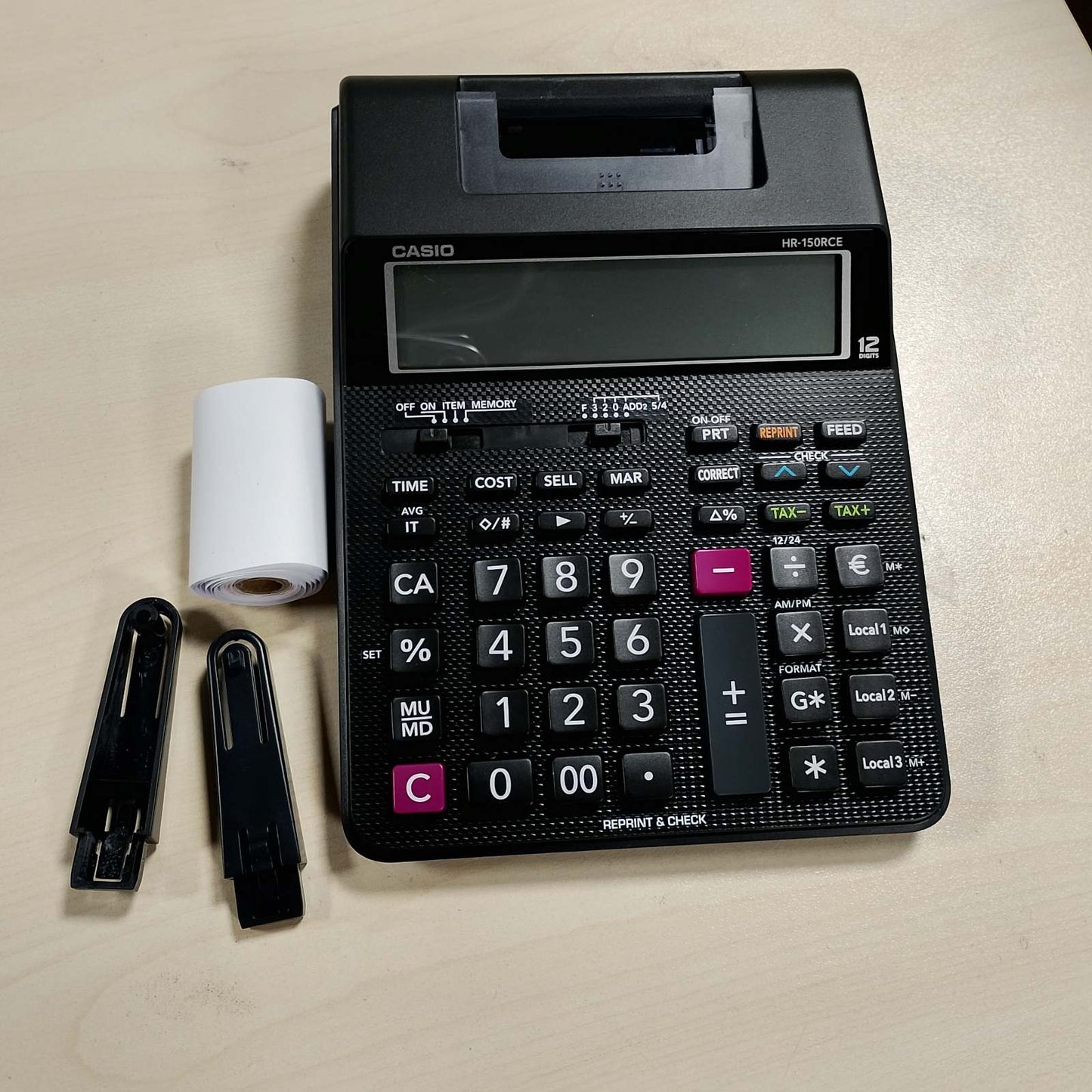 276547 - CASIO HR-150RCE Kalkulator për tavolinë me printim, 12-shifror, printim me 2 ngjyra, funksion post-printimi