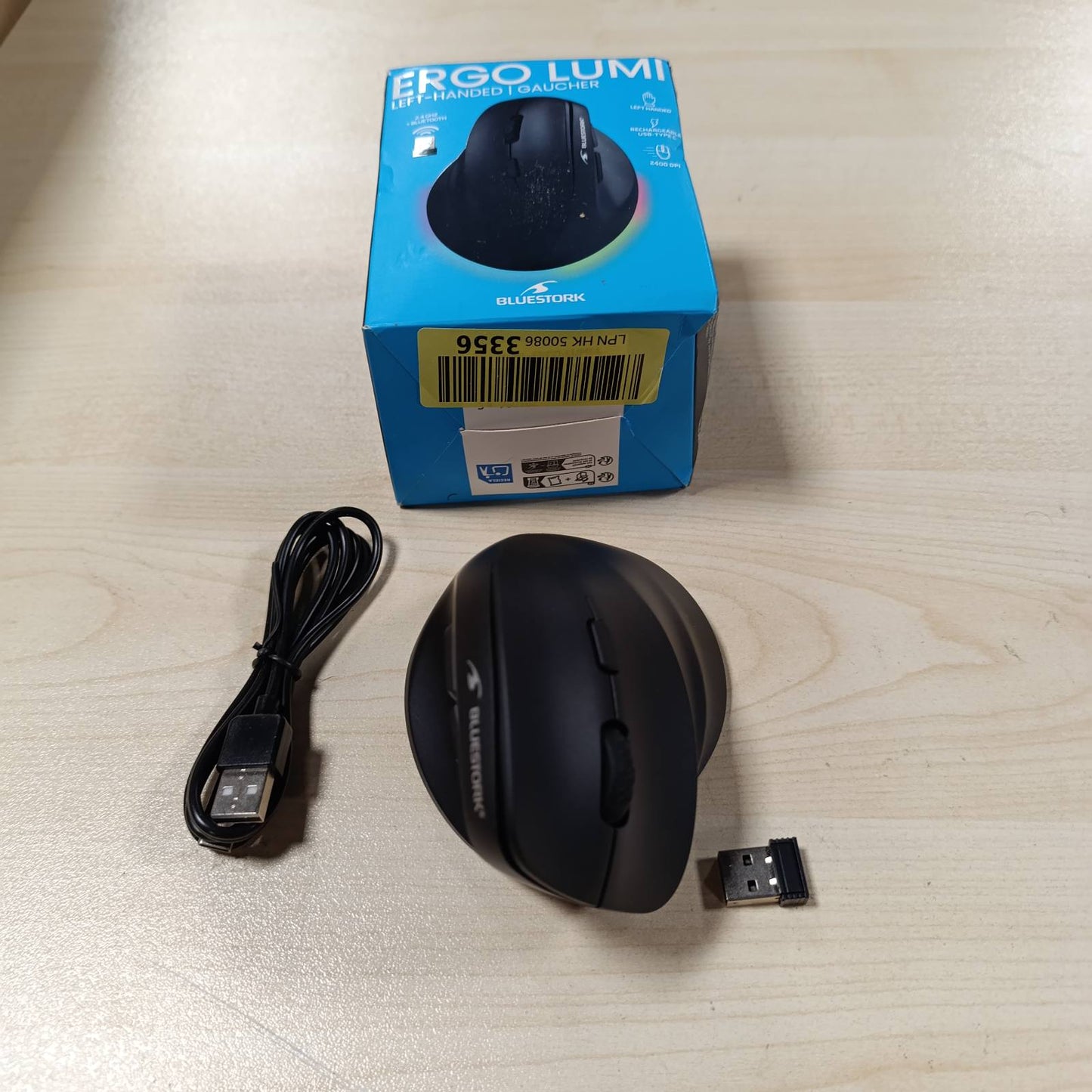 276569 - BLUESTORK Maus Vertikal Pa Tel Ergonomik për Përdoruesit e Dorës së Majtë, Marrës Bluetooth ose USB, 800-2400 DPI, 6 Butona, LED RGB, Përshtatje për PC/Mac/iPad/Tablet