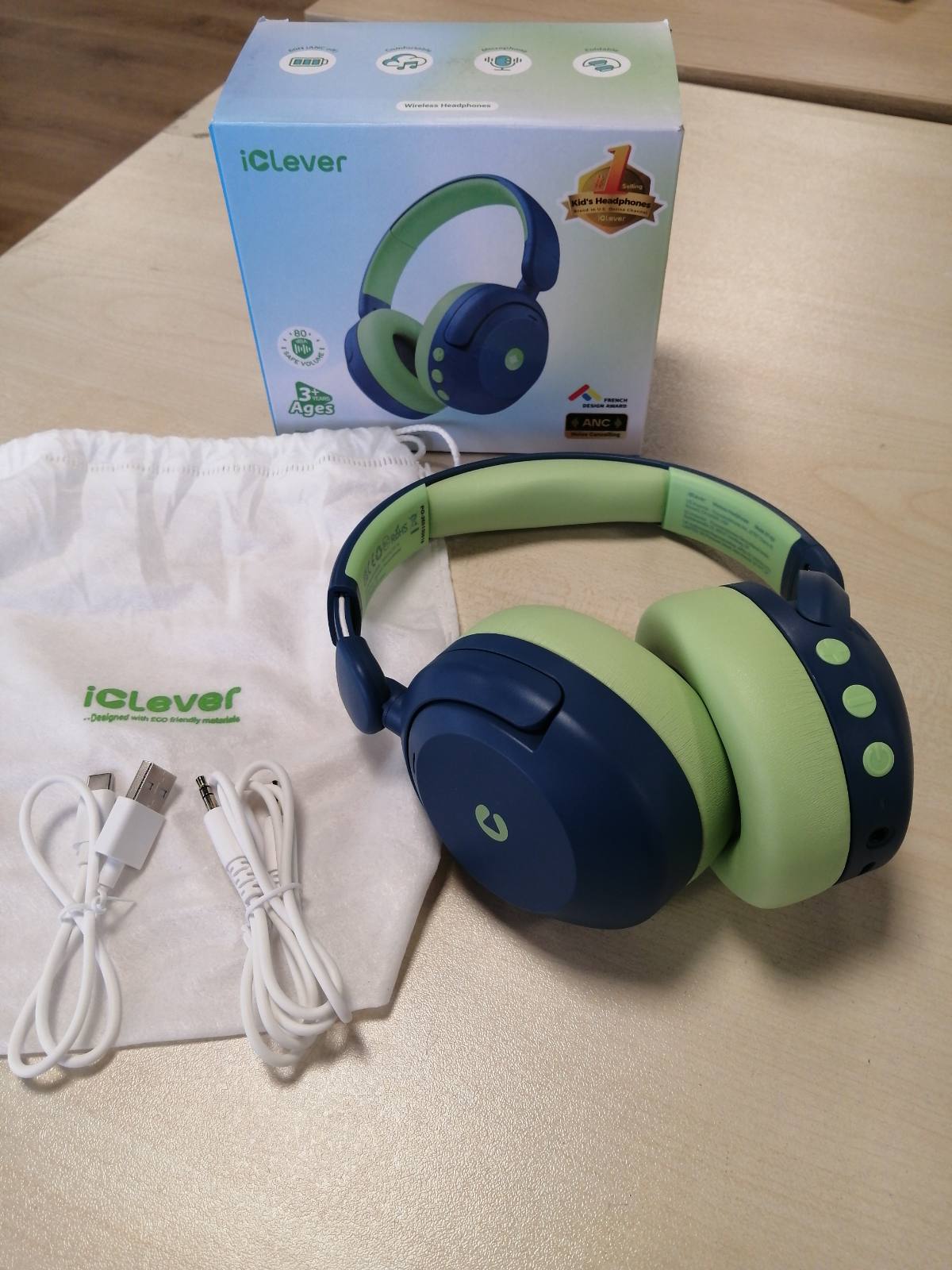 276672 - iCLEVER Kufje me Anulim Zhurme për Fëmijë, Bluetooth, Kohë Luajtjeje 60 Orë, Vëllim i Sigurt 80dBA, Bluetooth 5.4, me Kabllo AUX