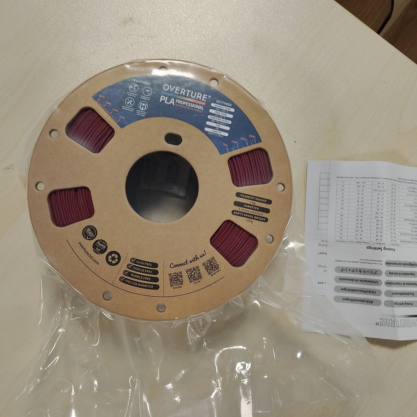 277029 - OVERTURE Filament 3D PLA Plus (PLA+) 1.75 mm, 1 kg (2.2 lbs), Saktësi ±0.02 mm, Pa ngatërresa