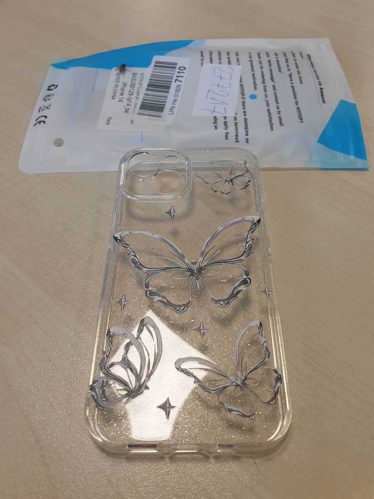 277217 - NITITOP Mbrojtëse transparente me dizajn fluturash, për iPhone 14, rezistente ndaj goditjeve, prej silikoni TPU të butë, e bardhë