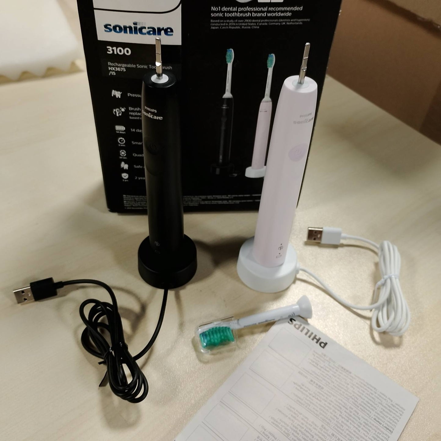 289471 - PHILIPS Furçë dhëmbësh elektrike Sonicare 3100, kontroll presioni dhe kohëmatës, Sugar Rose dhe Black, pako me dy pjesë, modeli HX3675/15