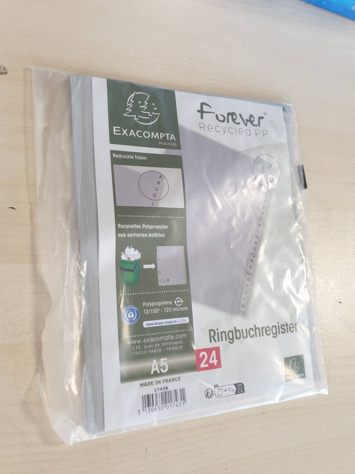 310741 - EXACOMPTA 1743B - Skedarë Indeksi prej Plastike të Ricikluar, 24 Fletë, për Dosje Unaze DIN A5, Gri Engjëlli Blu
