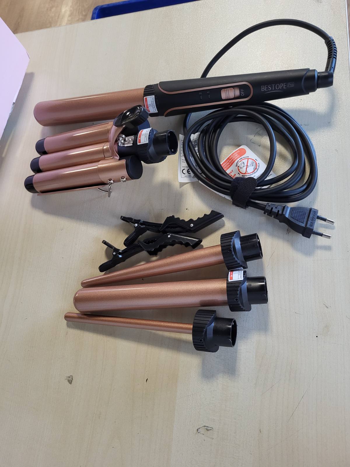 316009 - BESTOPE PRO Set hekuri kaçurrelash me 3 fuçi, hekur me valë, 5 në 1, Kontroll i temperaturës, Ngrohje e shpejtë, dorezë, 2 kapëse, ari rozë