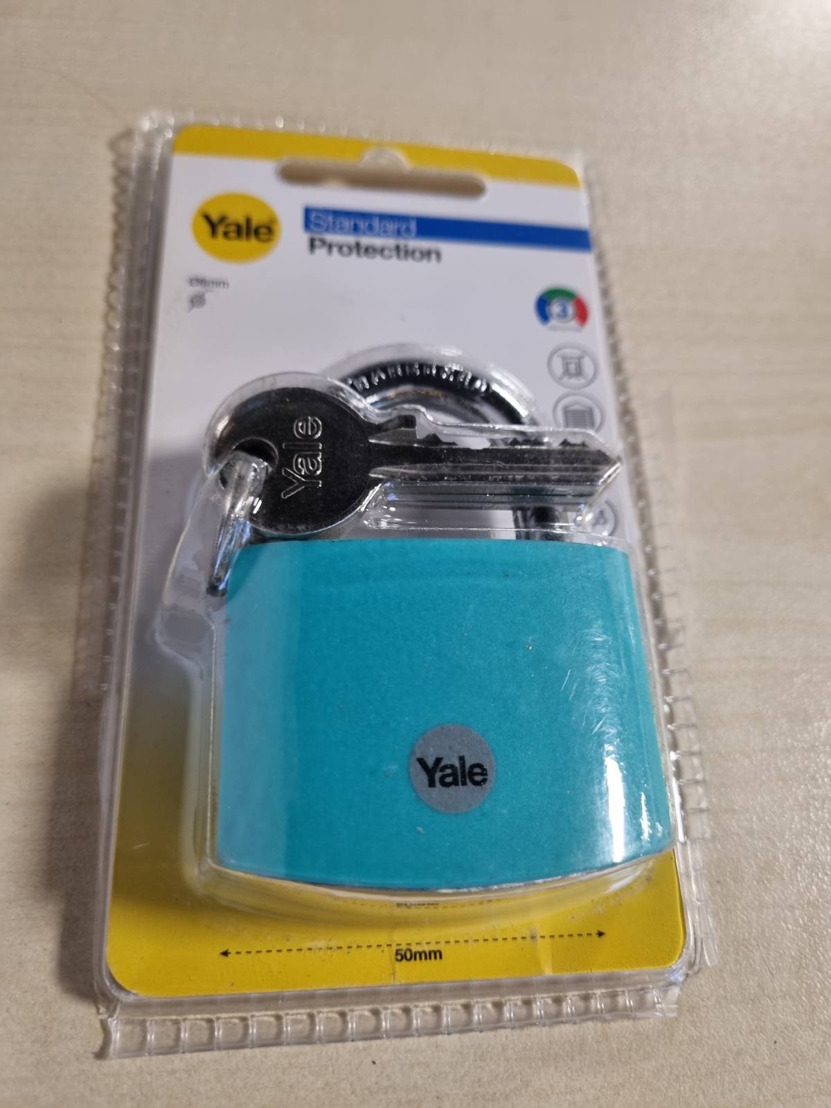 335272 - YALE YE3B/50/126/1/TE, siguri standarde, 50 mm, alumin, ngjyrë turkeze, zinxhir çeliku 8 mm, përfshirë 3 çelësa
