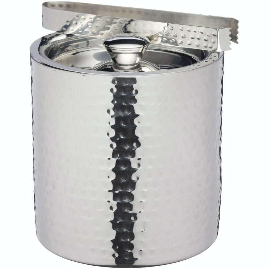 217261 - BARCRAFT Kovë akulli çeliku inox me kapak dhe mashë, ngjyrë argjendi e çekiçuar, kapacitet 1.5 litra, dimensione 15.5 x 16 cm