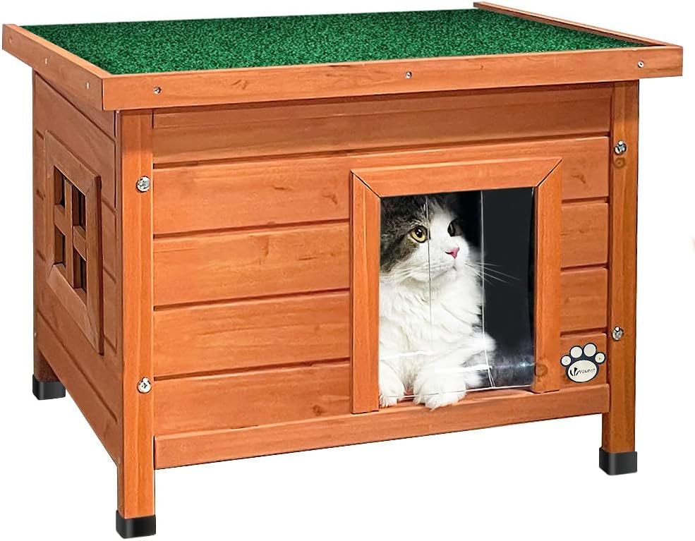 227449 - VOUNOT® Shtëpi për mace, druri, çati të hapur rezistente ndaj ujit, dritare privatësie, strehë për kafshë shtëpiake në natyrë 57x45x43cm