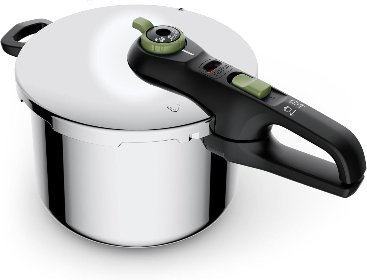 226072 - Tefal Tenxhere me presion Secure Trendy, e pajtueshme me induksion, 6L, rregullator gatimi me 2 faza: cilësim intensiv 117°C, cilësim i butë 112°C, bazë e kapsuluar me induksion, çelik inox/i zi/jeshil, P2580703