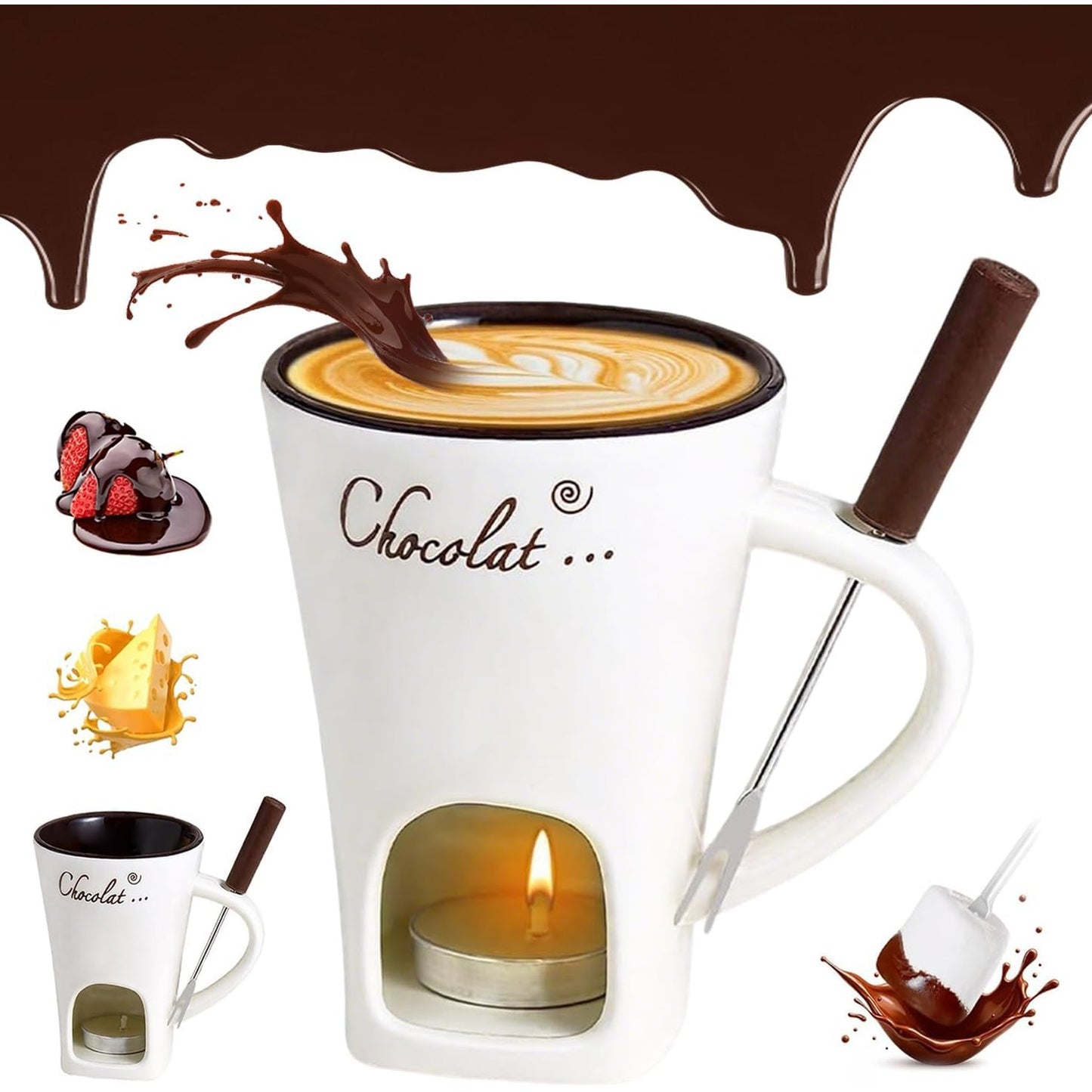 218826 - Set Filxhanësh për Fondue Çokollate, Filxhan Qeramike 130ml, me Pirun dhe Ngjyrë Çaji, Set Fondue Çokollate Shumëfunksionale për Djathë, Çokollatë, Gjalpë dhe Karamel