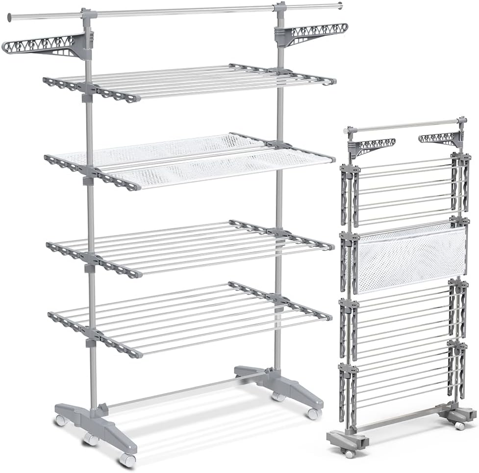 226294 - VOUNOT® Raft tharës rrobash me 4 nivele, me rrota, litar çeliku inox, hapësirë tharjeje 28 m, për përdorim të brendshëm/të jashtëm