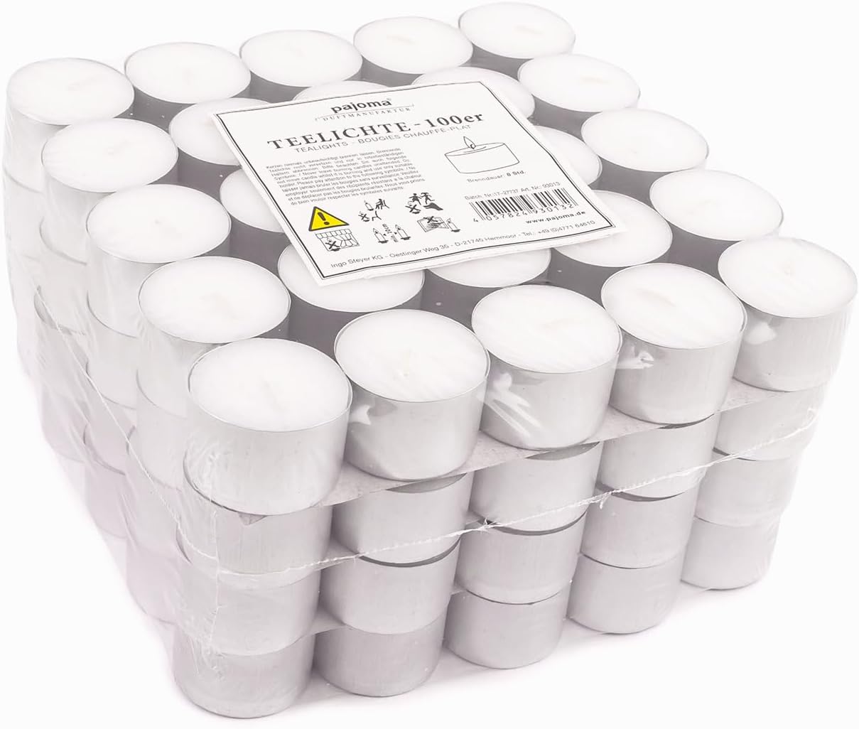 218740 - PAKOM PAJOMA® Qirinj të Bardhë Çaji - Parafinë pa Aromë - Koha e Djegies: 8 Orë - Pesha: 20g - Dimensionet: 25 x 38 mm