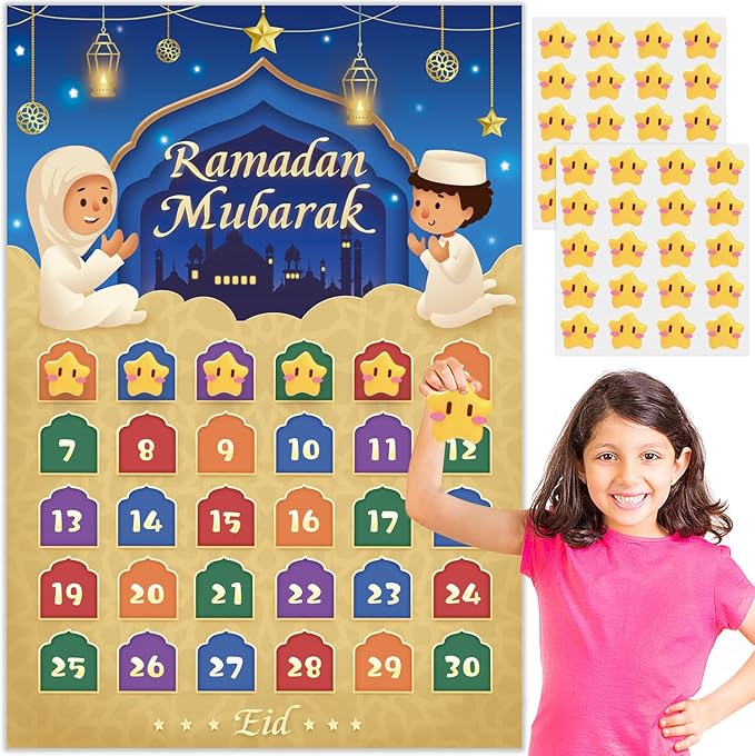 141902 - AhfuLife kalendar numërimi mbrapsht për Ramazan dhe Bajram për fëmijë, poster 30-ditor prej letre, për Ramazan Mubarak 2026, me 40 ngjitëse yjesh për dekorim.
