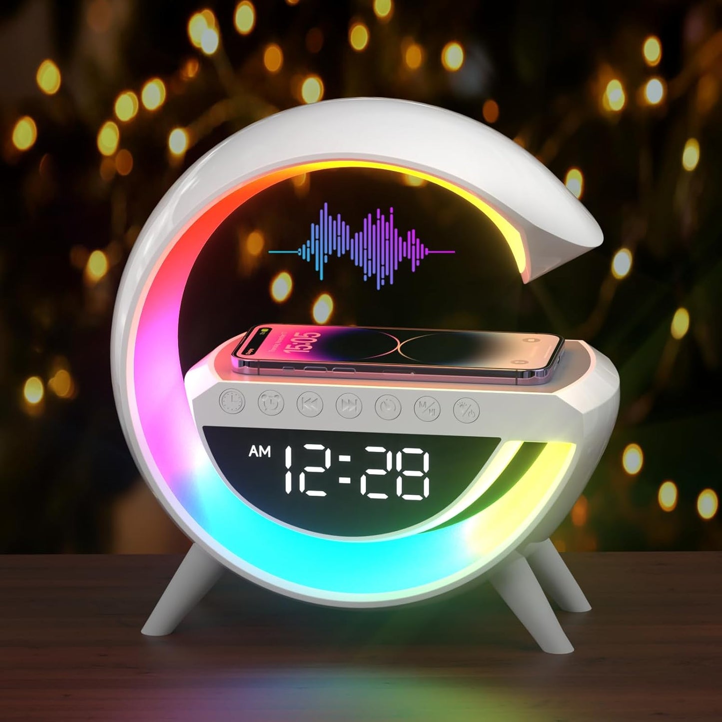 227773 - Llambë Atmosfere 15W me Karikues Pa Tel, Llambë Tryeze Inteligjente me Ora Alarmi LED, Altoparlant Bluetooth, 13 Mënyra Dritash