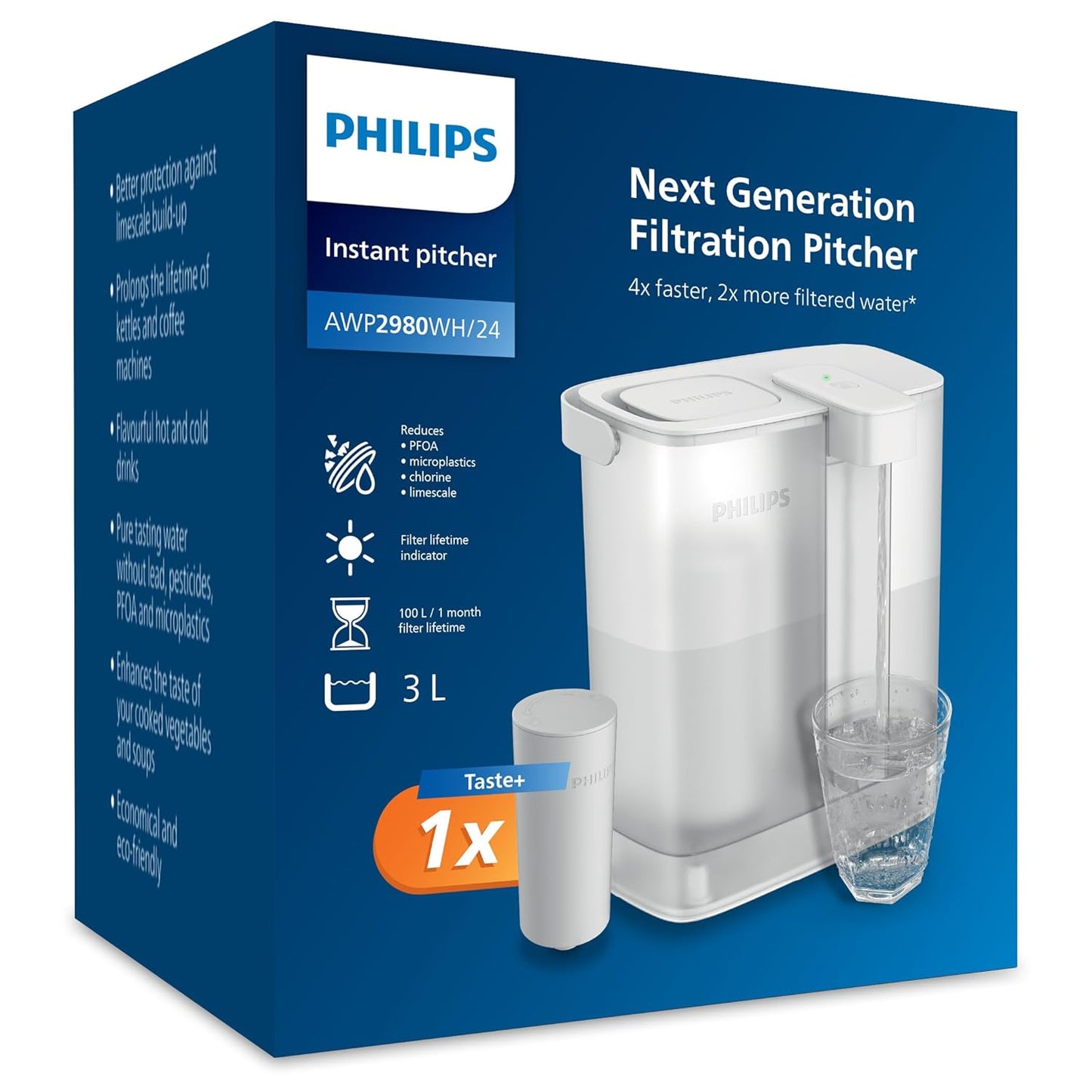 255307 - PHILIPS Kana e filtrit të ujit (3 L) – Ujë i pastër dhe me shije të shkëlqyer, përfshirë 1× Filtër Taste+, zvogëlon klorin dhe plumbin, ruan mineralet