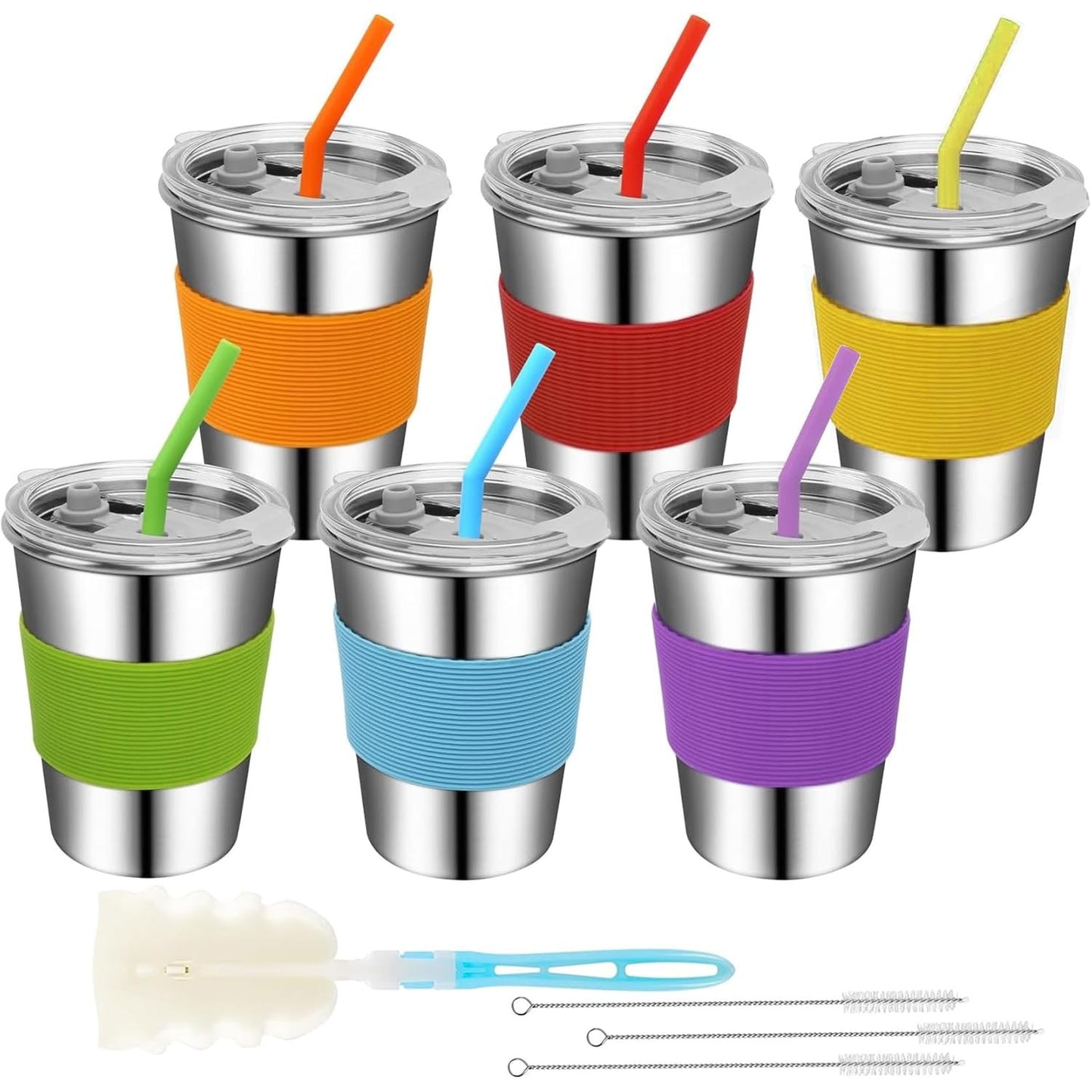 222134 - HIKRXYA Set me 6 pjesë me gota për fëmijë prej çeliku inox me kapak dhe pipëza, 350 ml