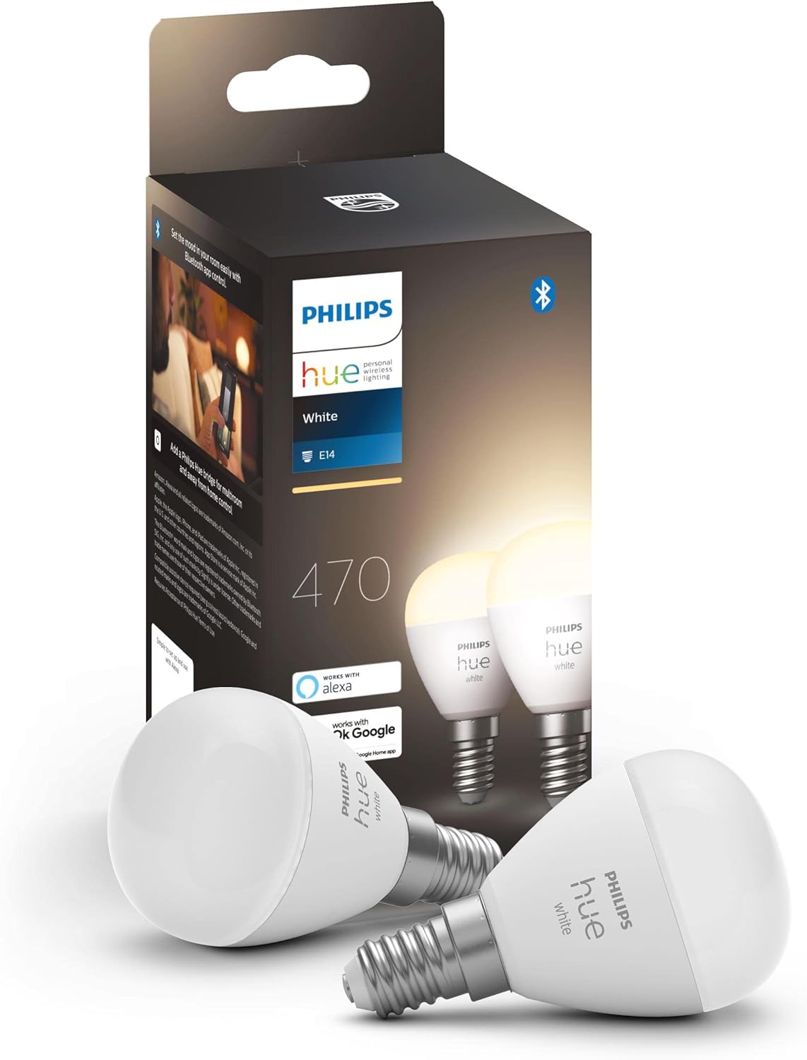 221613 - PHILIPS HUE Burim drite llambë globe E14 Duopack, dritë e butë e bardhë, 5.7W, 470 lm, Bluetooth, 2 copë