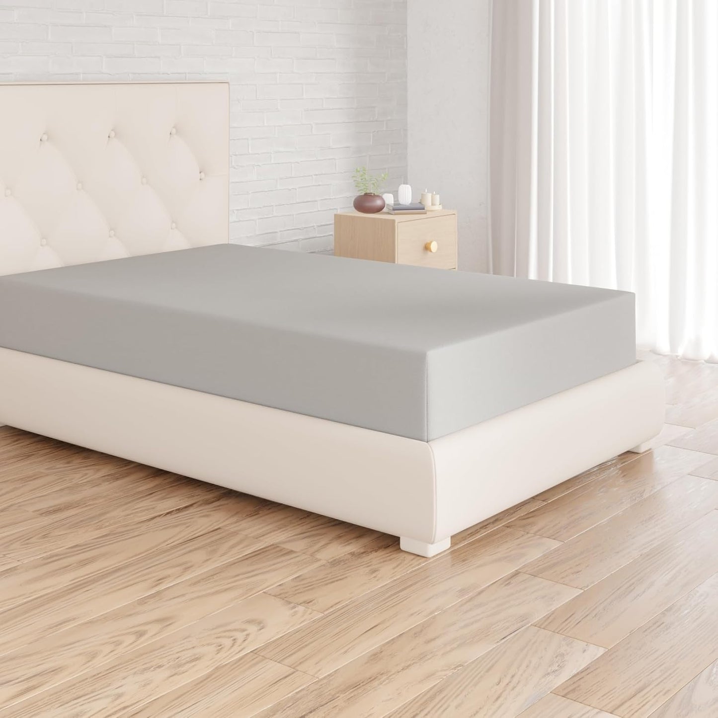 253151 - AMAZON BASICS Çarçaf i montuar, 140 x 200 x 30 cm, Mikrofibër Poliester për Dyshekë deri në 30 cm të Trashë, Gri e Çelët