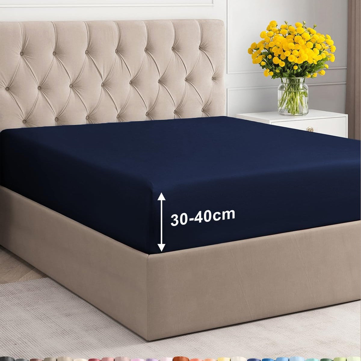 257847 - Çarçaf i montuar 140x200 cm me thellësi ekstra 40 cm me xhep - Mikrofibër poliesteri i butë i lëmuar - I përshtatshëm për dyshekë deri në 40 cm (16") të trashë - I çertifikuar OEKO-TEX - Rezistent ndaj tkurrjes dhe zbehjes - Blu marine