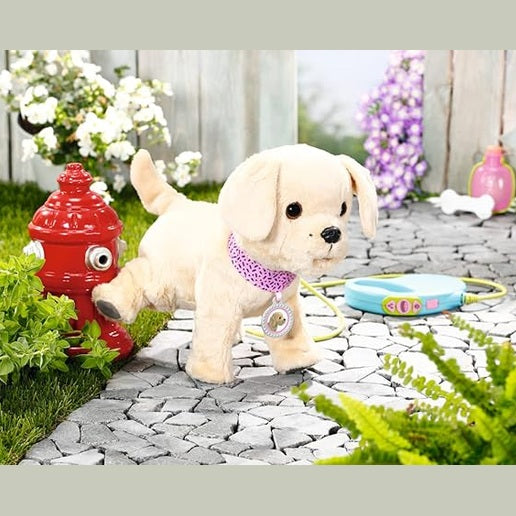 141768 - BABY Born My Lucky Dog 835197 Zapf Creation, qen lodër me 5 funksione të ndryshme për fëmijë nga 3 vjeç e lart, punon me bateri, përfshin jakë, zinxhir, shishe dhe kockë.