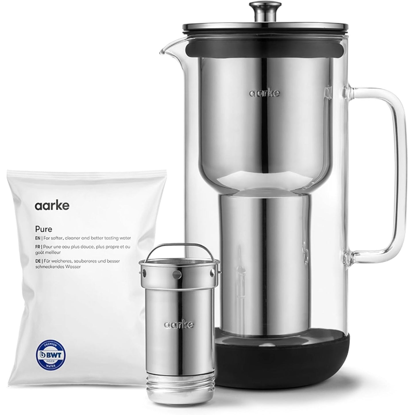 183047 - AARKE - Enë Filtri për Ujë Pastrues, Kapacitet 1.2L / 5 Filxhanë, Material Qelq & Çelik Inoks, Përfshirë Qesen e Mbushjes së Filtrit Pure