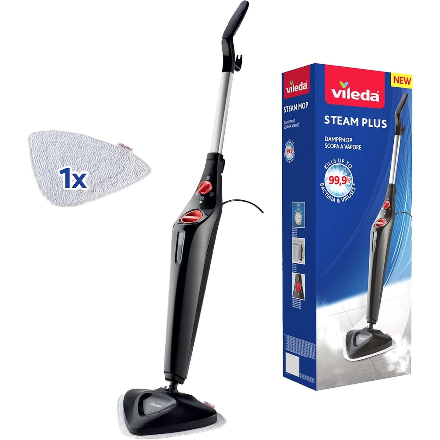 170142 - VILEDA Steam Plus - Pastrues me Avull, Pastrim higjienik që vret 99.9% të Baktereve dhe Viruseve, Ideal për Qilima dhe Tapete, Pa Kimikate