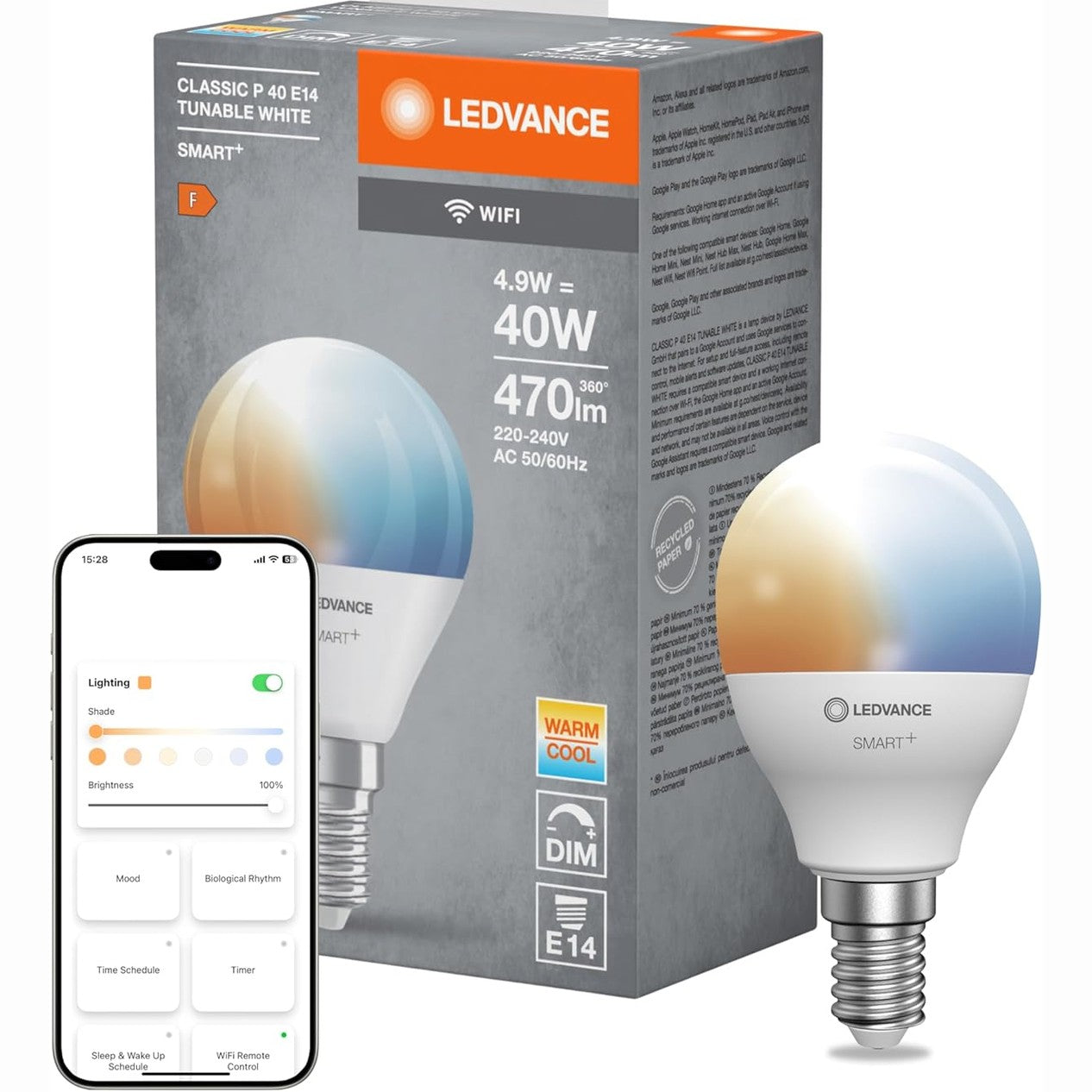 220022 - LEDVANCE Llampa LED Smart, WiFi, Bazë E14, E Errësueshme, Ngjyrë e Rregullueshme (2700-6500K), zëvendëson 40W, Pako me 1