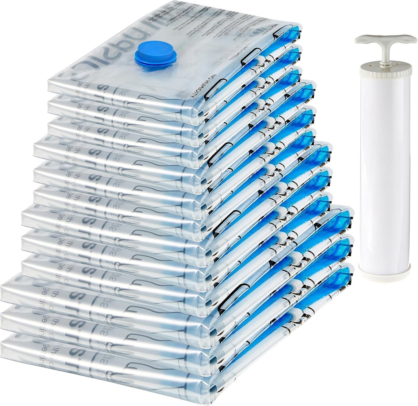 223669 - AMAZON BASICS Qese me vakum për rroba me valvul hermetik dhe pompë dore - 12 copë, 3 x Jumbo, 3 x të mëdha, 3 x të mesme, 3 x të vogla, transparente