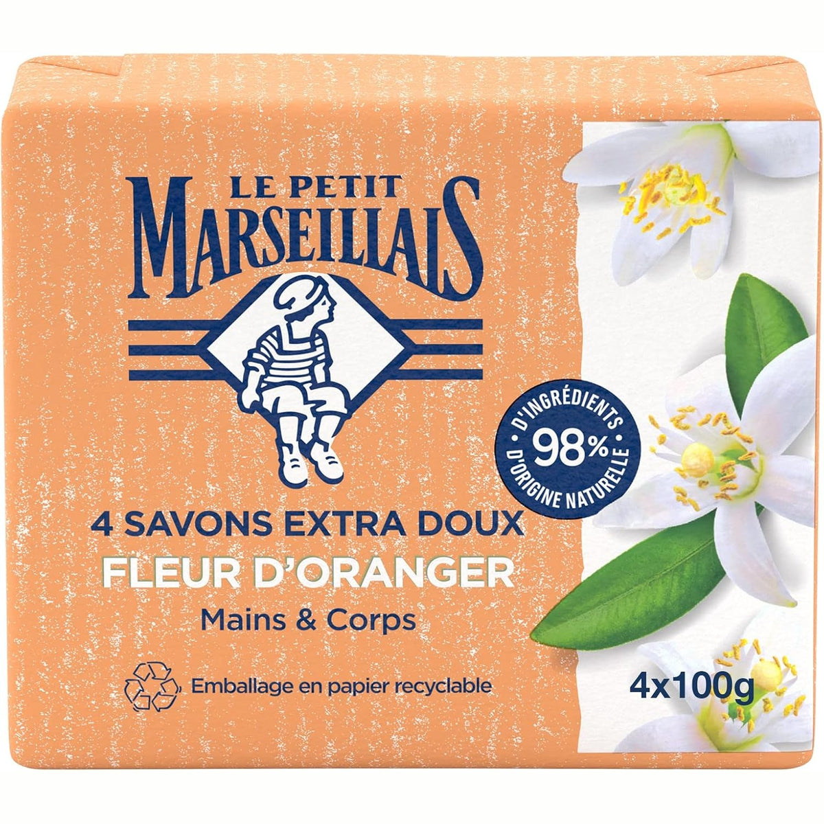 297786 - LE PETIT MARSEILLAIS | Sapun shumë i butë me lule portokalli, 4 copëza, 100g - Sapun për duar dhe trup me 98% përbërës natyral, paketim letre i riciklueshëm