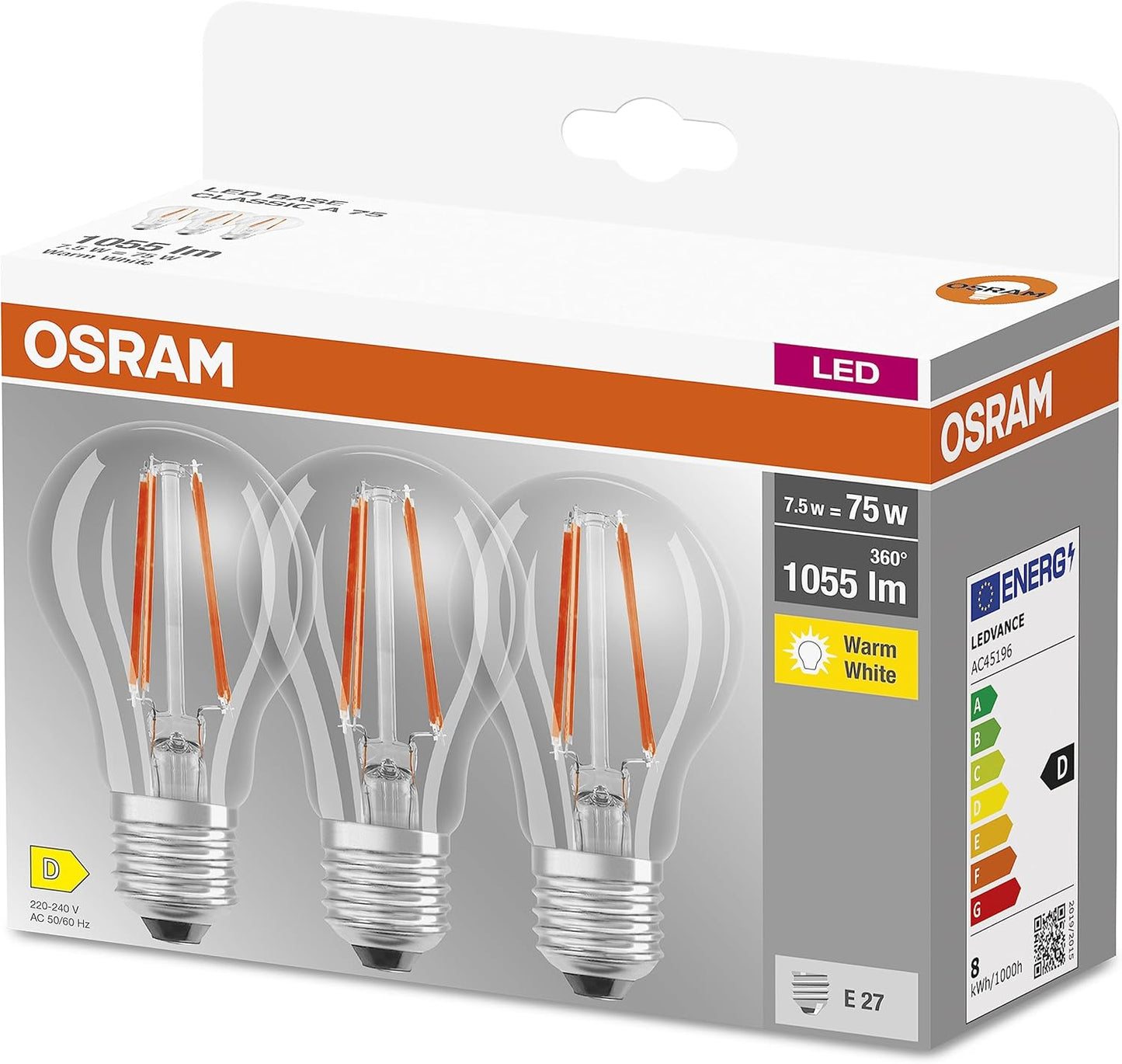 225013 - LLAMBË LED OSRAM, Bazë: E27, Ngjyrë e Bardhë e Ngrohtë 2700 K, 7.50 W, Ekuivalente me Llambë Inkandeshente 75 W, Transparent, LED BASE CLASSIC A, Pako me 3 Copë