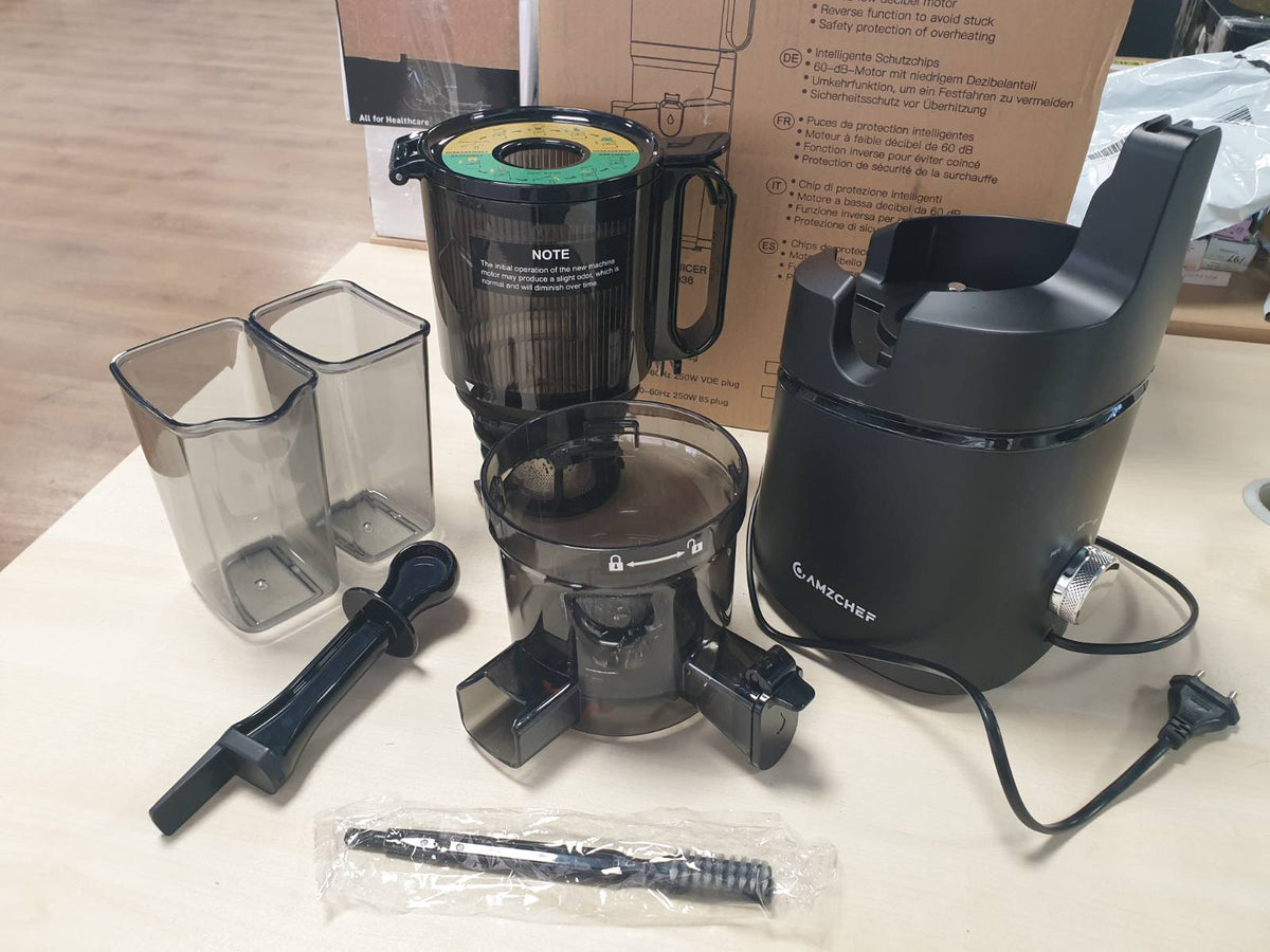 288175 - AMZCHEF Shtrydhëse automatike gjithçka-në-një 250W, hapje 145 mm, presë e ftohtë 1.8L për fruta dhe perime, filtër të trefishtë - e zezë