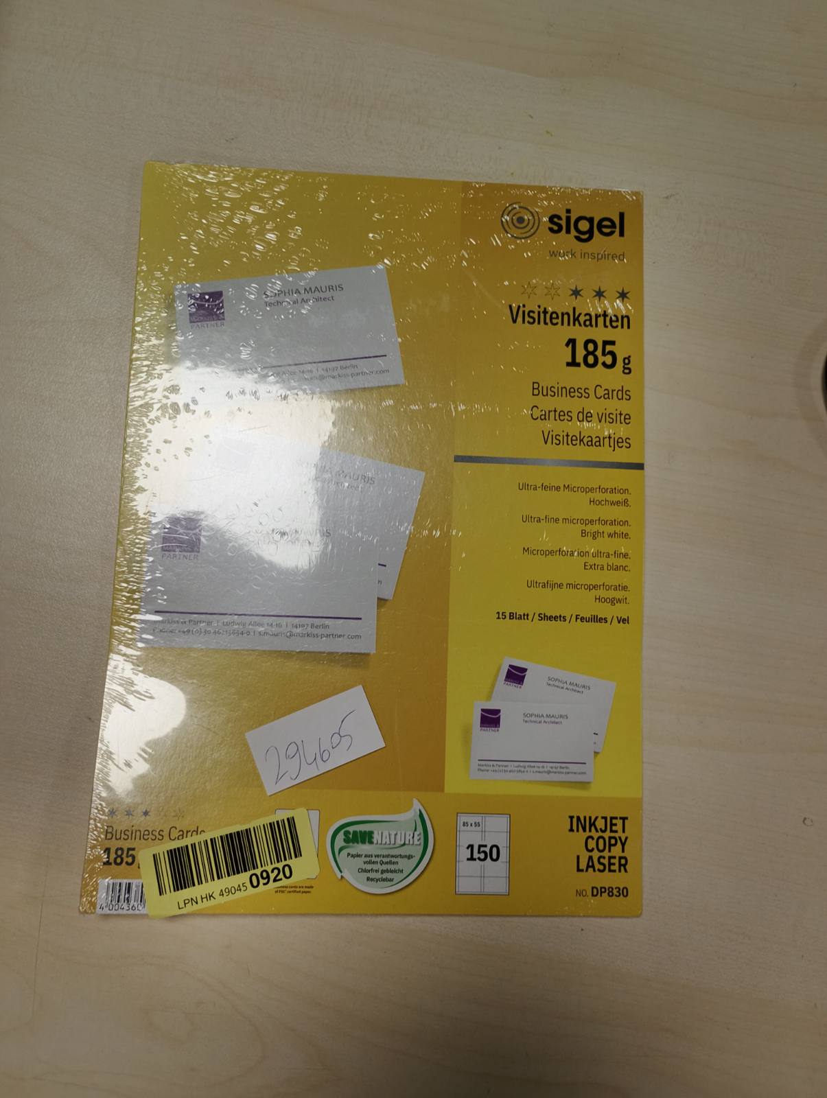 294605 - SIGEL Kartëvizita të printueshme DP830, 150 copë (15 fletë), 185 g, 85x55 mm, të bardha të ndezura