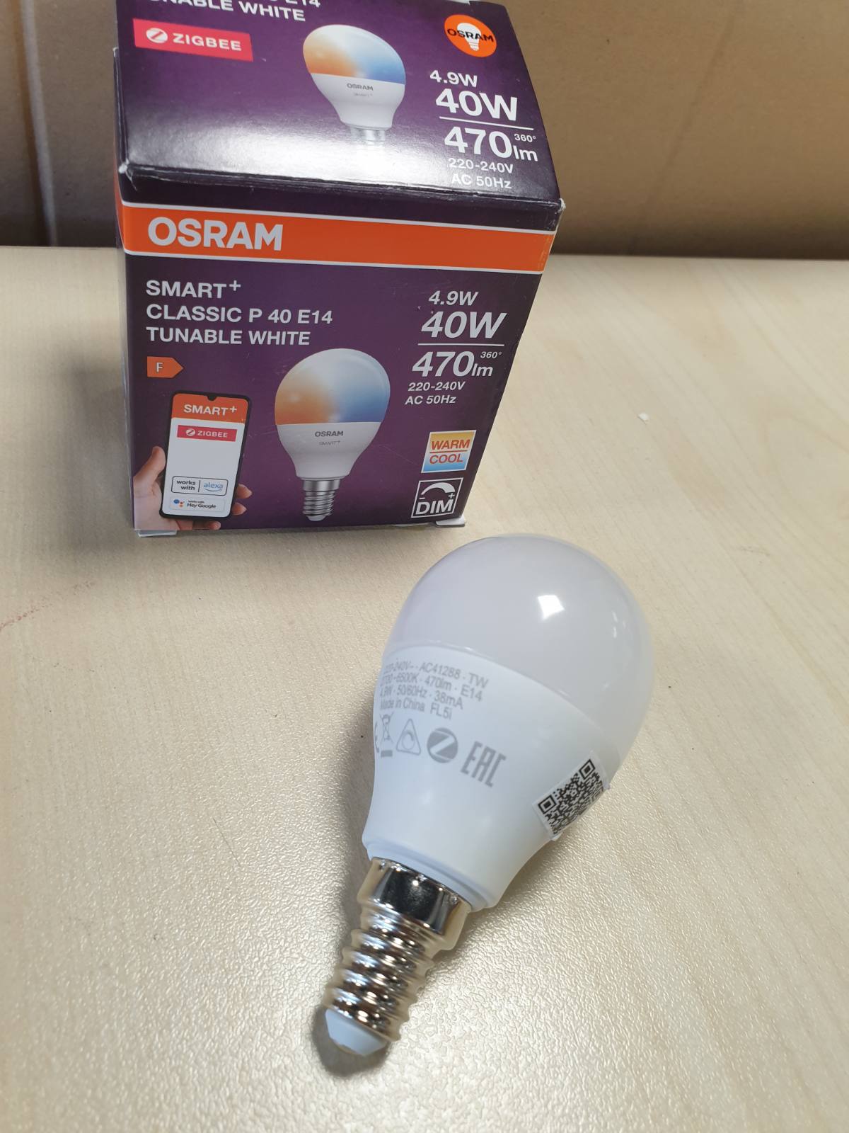 198197 - OSRAM Llampa LED SMART P40, Formë Mini Ball E14, 4.9W, ZigBee 3.0, Ngjyra e Bardhë e Rregullueshme 2700-6500K, E Errësuar, e Kontrollueshme nga Aplikacioni, Alexa