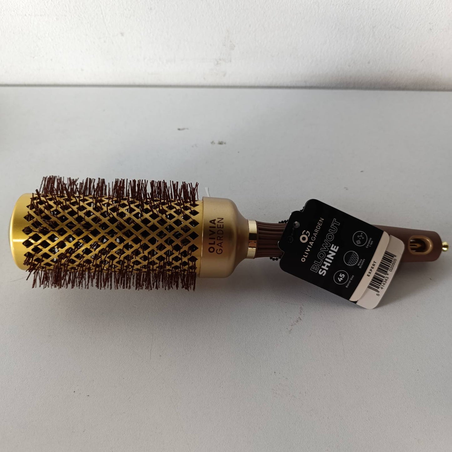 275520 - OLIVIA GARDEN - Furçë Expert Blowout Shine - Gold & Brown - 45 - Furçë qeramike e rrumbullakët antistatike për floke me shkëlqim dhe pa kaçurrela