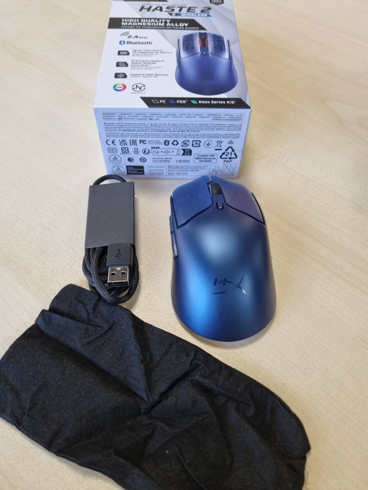 272707 - HyperX Maus pa tel për lojëra Pulsefire Haste 2 S, Strehim magnezi, Ultra i lehtë 64 g, Jetëgjatësi baterie 120 orë, Patina qelqi, Sensor 26K, Blu