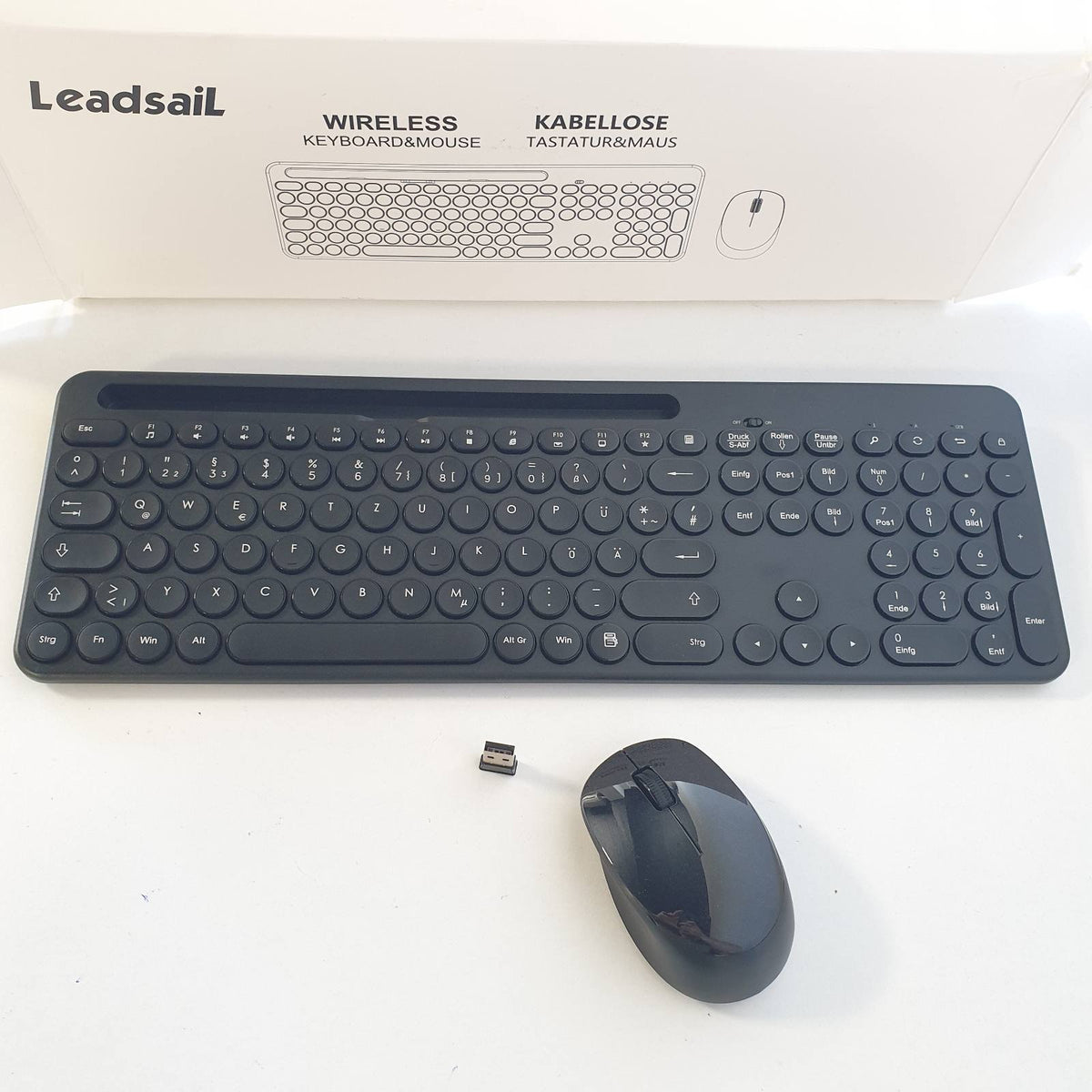 295994 - LEADSAIL Set tastiere dhe mausi pa tel, ergonomik, madhësi standarde, paraqitje gjermane QWERTZ, klikim i heshtur, 12 taste FN për Windows, macOS dhe laptopë