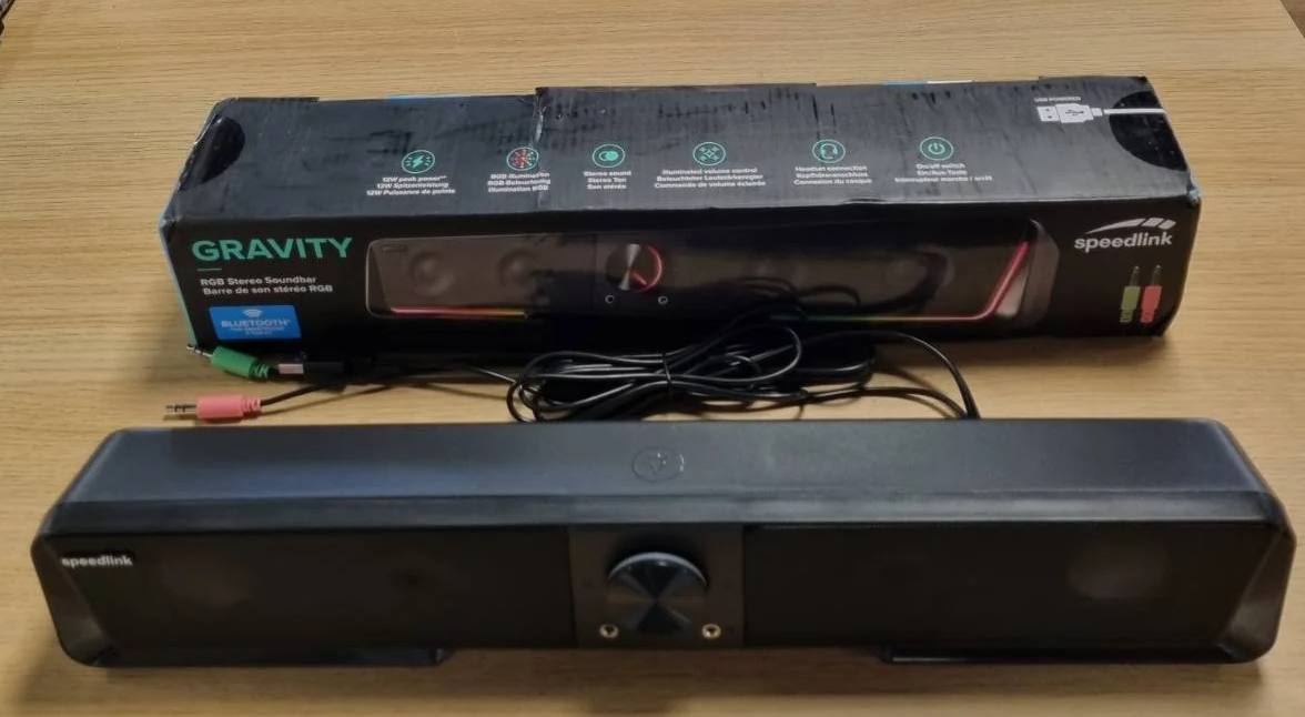 273375 - SPEEDLINK Gravity RGB Stereo Soundbar – Altoparlant PC me lidhje Bluetooth për smartphone/tablet dhe prizë 3.5 mm, ndriçim RGB, prizë për kufje dhe mikrofon, e zezë