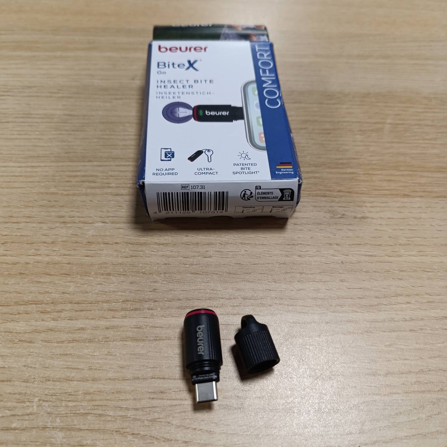 321339 - BEURER Shërues Elektrik i Pickimeve të Insekteve BiteX Go Deep, i Zi, për Telefona të Lehtë, Stilolaps Ngrohës për Pickime Mushkonjash, USB-C, me Dritë