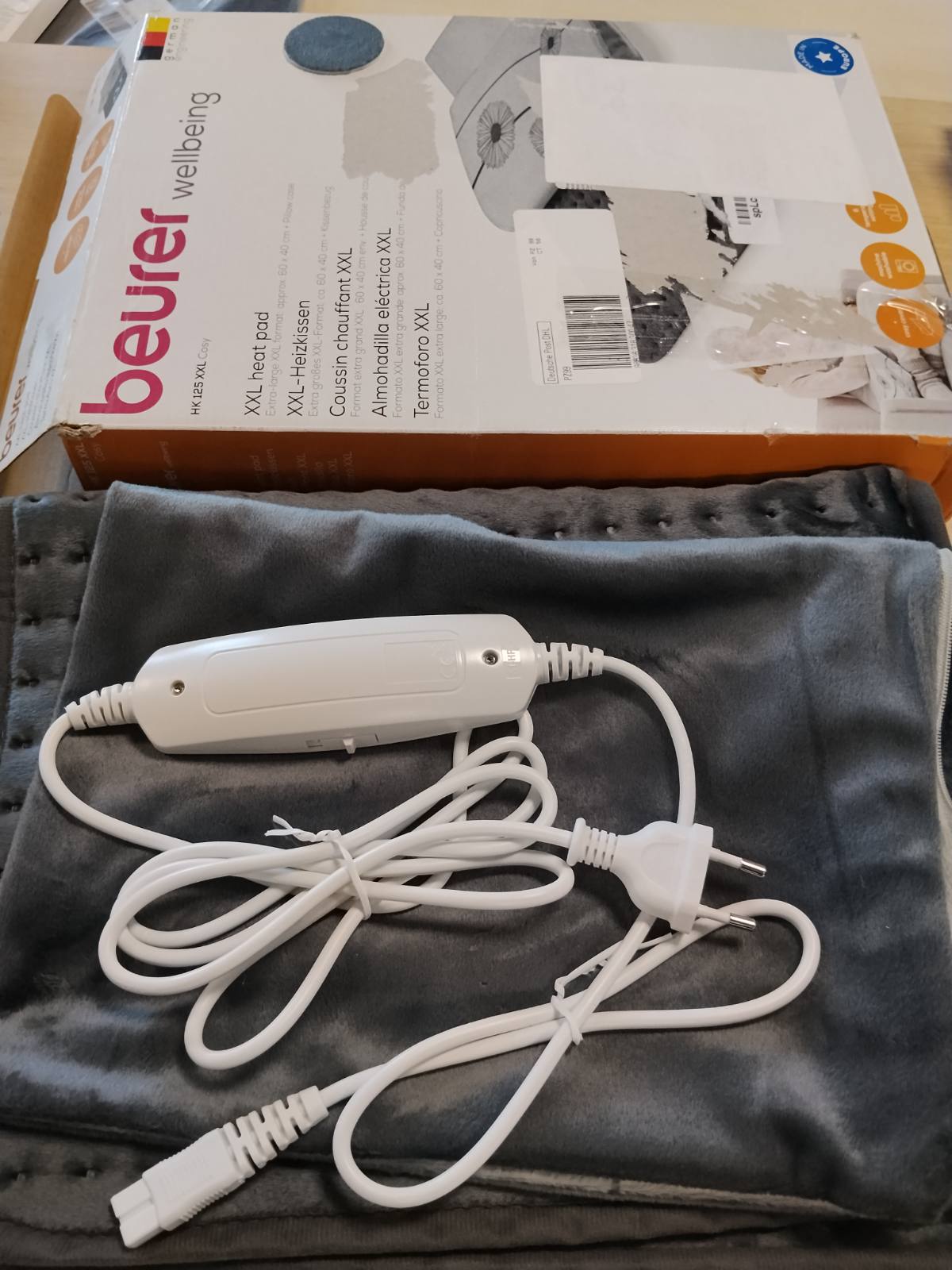 292612 - BEURER Jastëk ngrohës HK 125, madhësia XXL, 6 cilësime temperature, fikje automatike, çelës LED, lahet në lavatriçe, gri, 1 copë, 60 x 40 cm