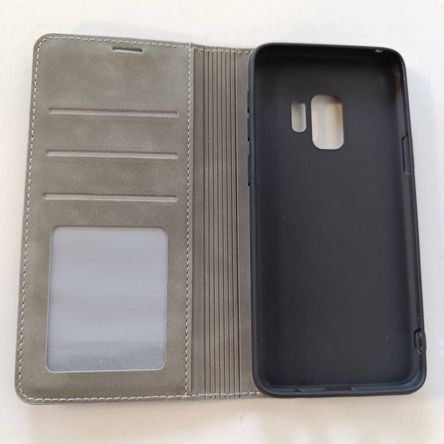 320521 - Mbrojtëse QLTYPRI për Samsung Galaxy S9, Mbrojtëse e hollë lëkure me mbajtëse karte, mbyllje magnetike, mbulesë mbrojtëse me palosje për Samsung Galaxy S9 - Gri