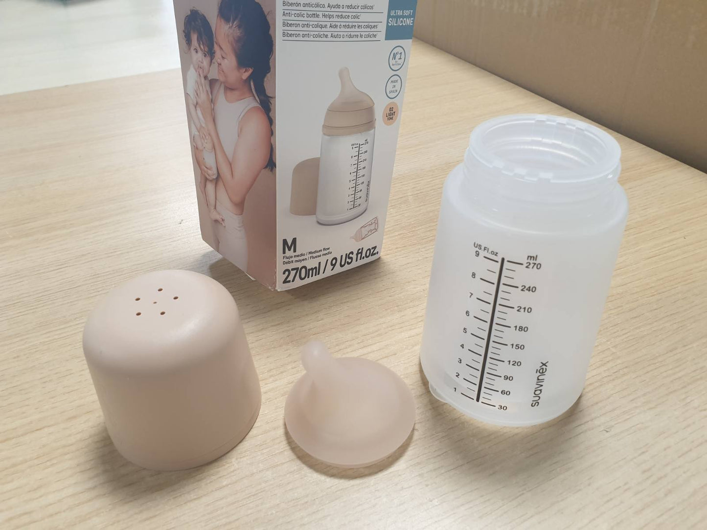 317818 - SUAVINEX Shishe Zero Zero Anti-Kolik, Thithë Silikoni me Rrjedhje të Mesme (M), për Bebe 3+ Muaj, 270 ml, e Lehtë