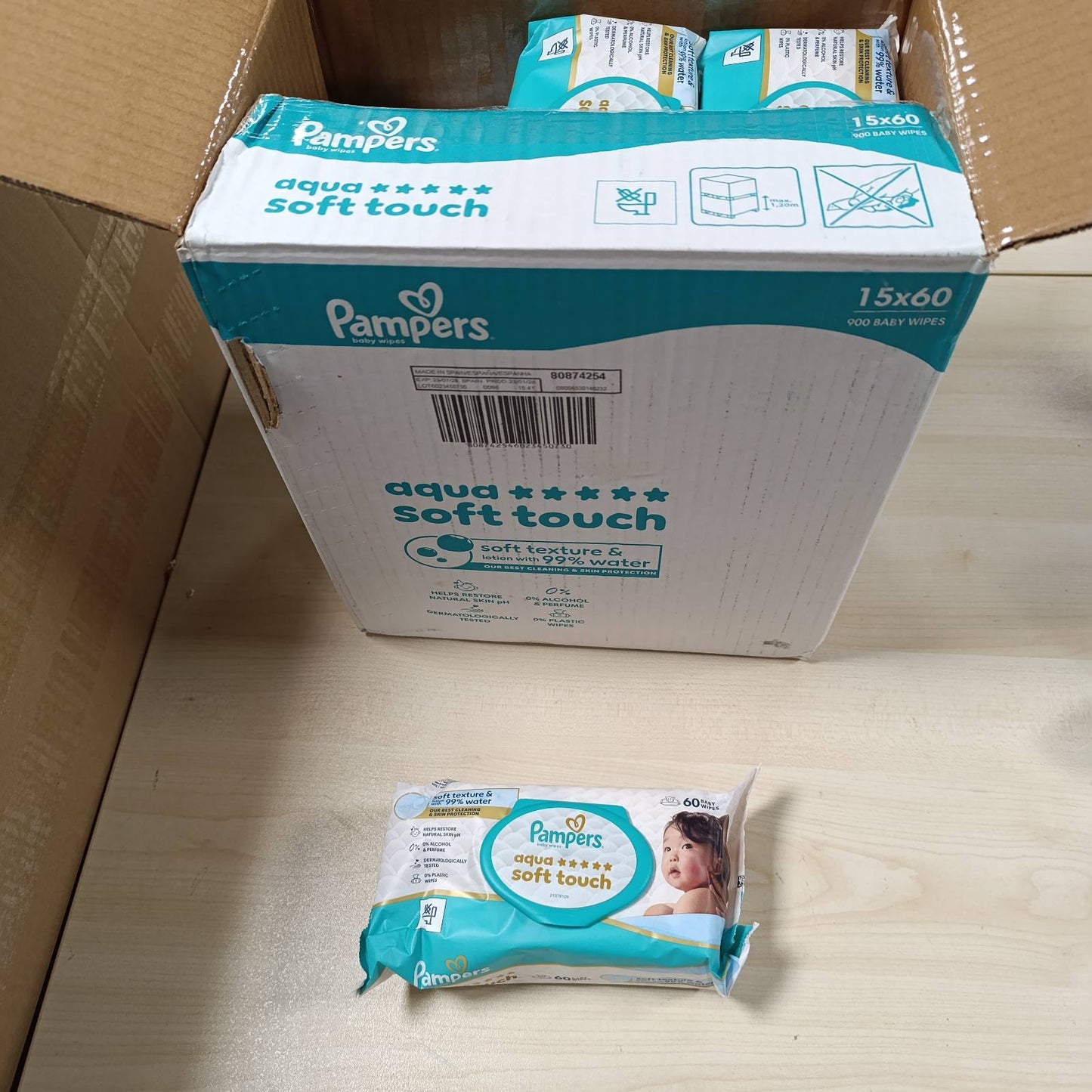 275377 - PAMPERS Peceta për foshnje Aqua Soft Touch | 15 pako me 60 peceta | Teksturë e butë | Locion me 99% ujë