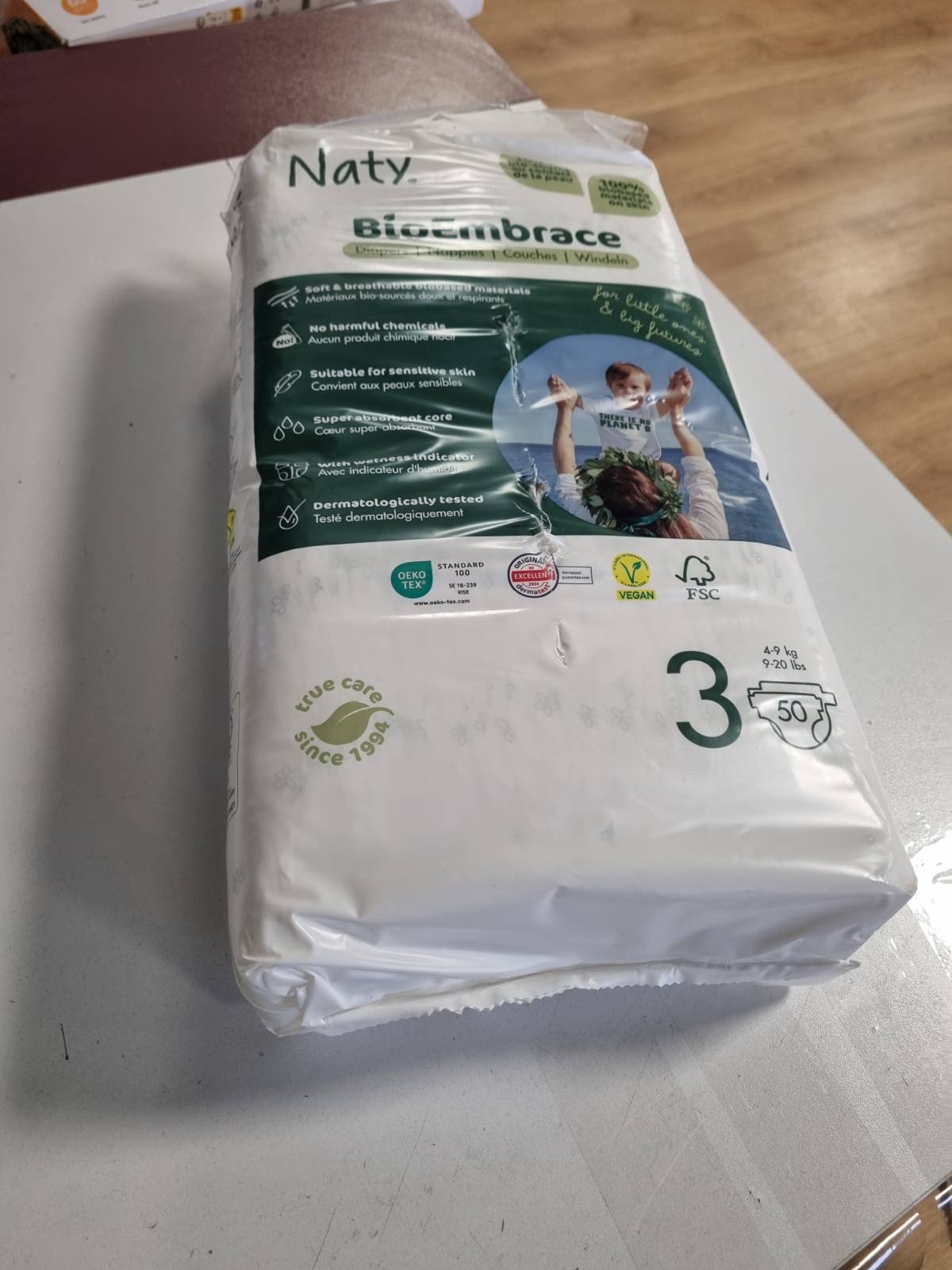 298127 - NATY BioEmbrace Pelena për foshnje Madhësia 3 (4–9 kg), 100% materiale me bazë bimore, 100 copë
