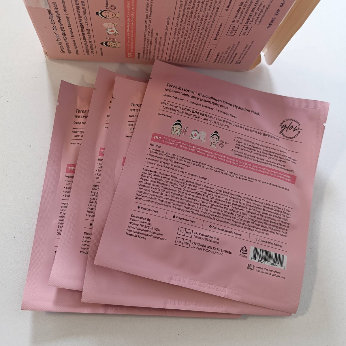 302238 - MASKË KOREANE për fytyrën me kolagjen, 4 x 33g, efekt shkëlqimi qelqi, zvogëlim poresh, forcim dhe elasticitet, pa parfum