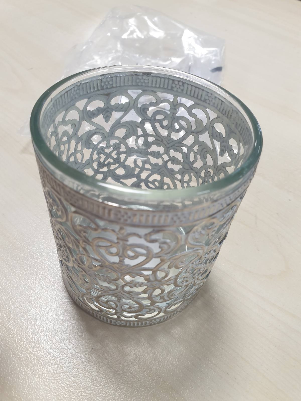 195410 - BELLADECORA Mbajtëse Çaji prej Qelqi dhe Metali në Ngjyrë Argjendi Antike, 12x, Dimensionet 8x8 cm