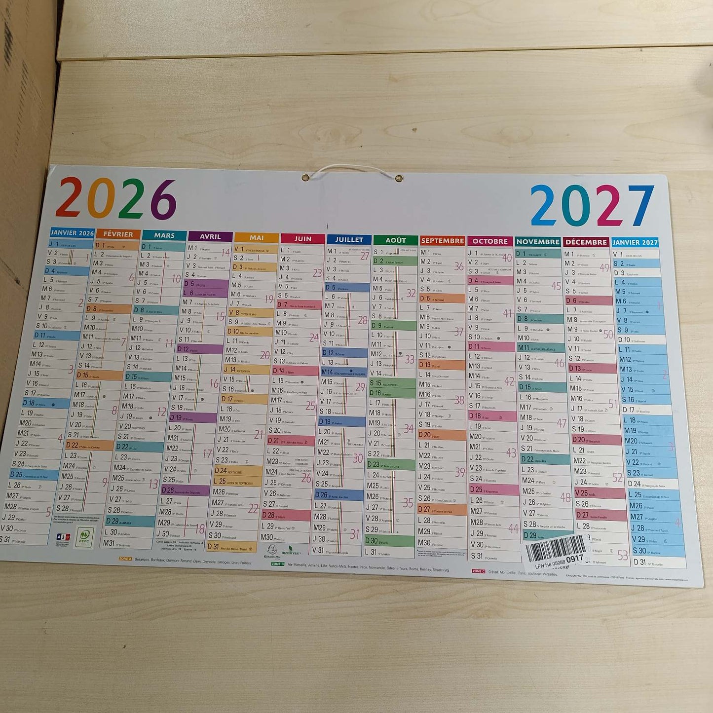 190455 - EXACOMPTA - Kalendar Vjetor Shumëngjyrësh 65 x 40.5 cm - Janar 2026/2027