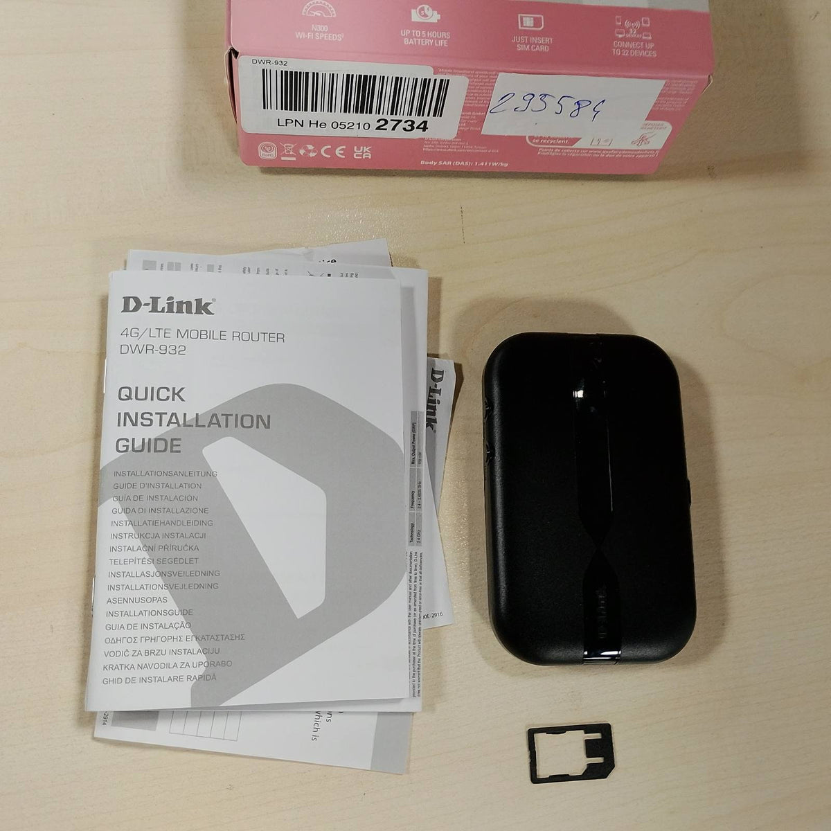 295584 - D-LINK - Router celular 4G për kartën SIM të të dhënave (4G/LTE, 3G, WiFi N deri në 150 Mbps, WPS, bateri 2000 mAh, WPA2), i zi, N300 Mbps