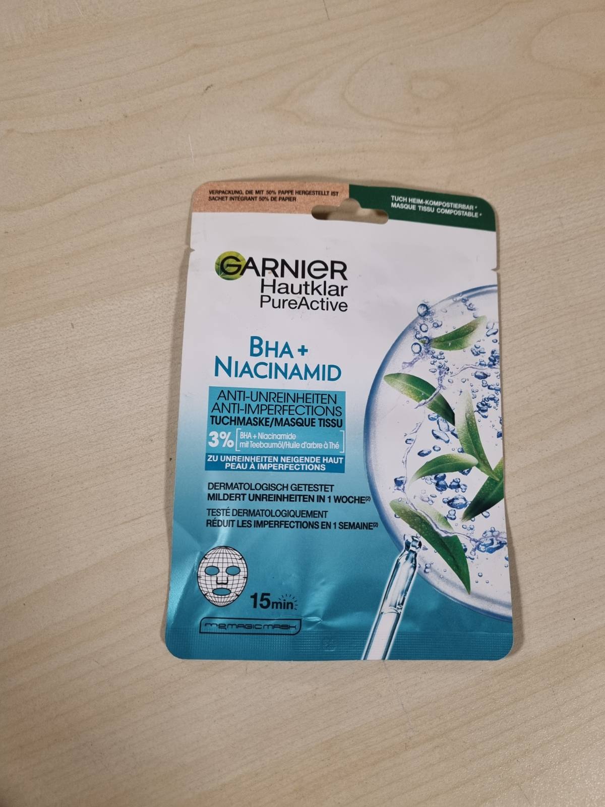 301467 - MASKË ME FLETË GARNIER PËR LËKURË TË YNDYRSHME, KUNDËR NJOLLAVE, FORMULË ME VAJ PEME ÇAJI DHE ACID SALICILIK, SKIN ACTIVE, 23G