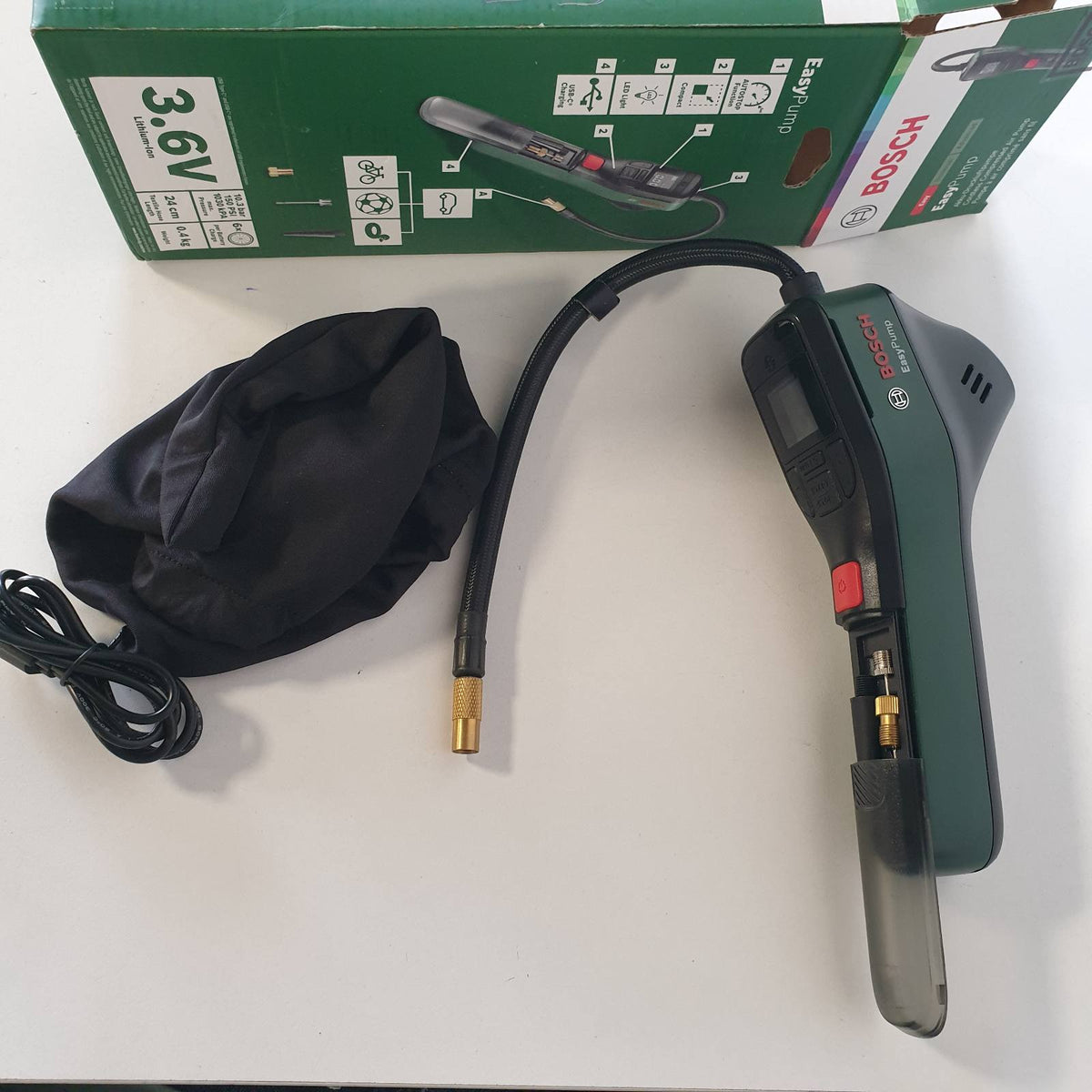 312698 - BOSCH Pompë elektrike për biçikleta EasyPump, Bateri 3.0 Ah, 3.6 volt, Funksion ndalimi automatik, 150 PSI, 10.3 bar, LED, Rikarikueshme USB-C®, Kuti kartoni