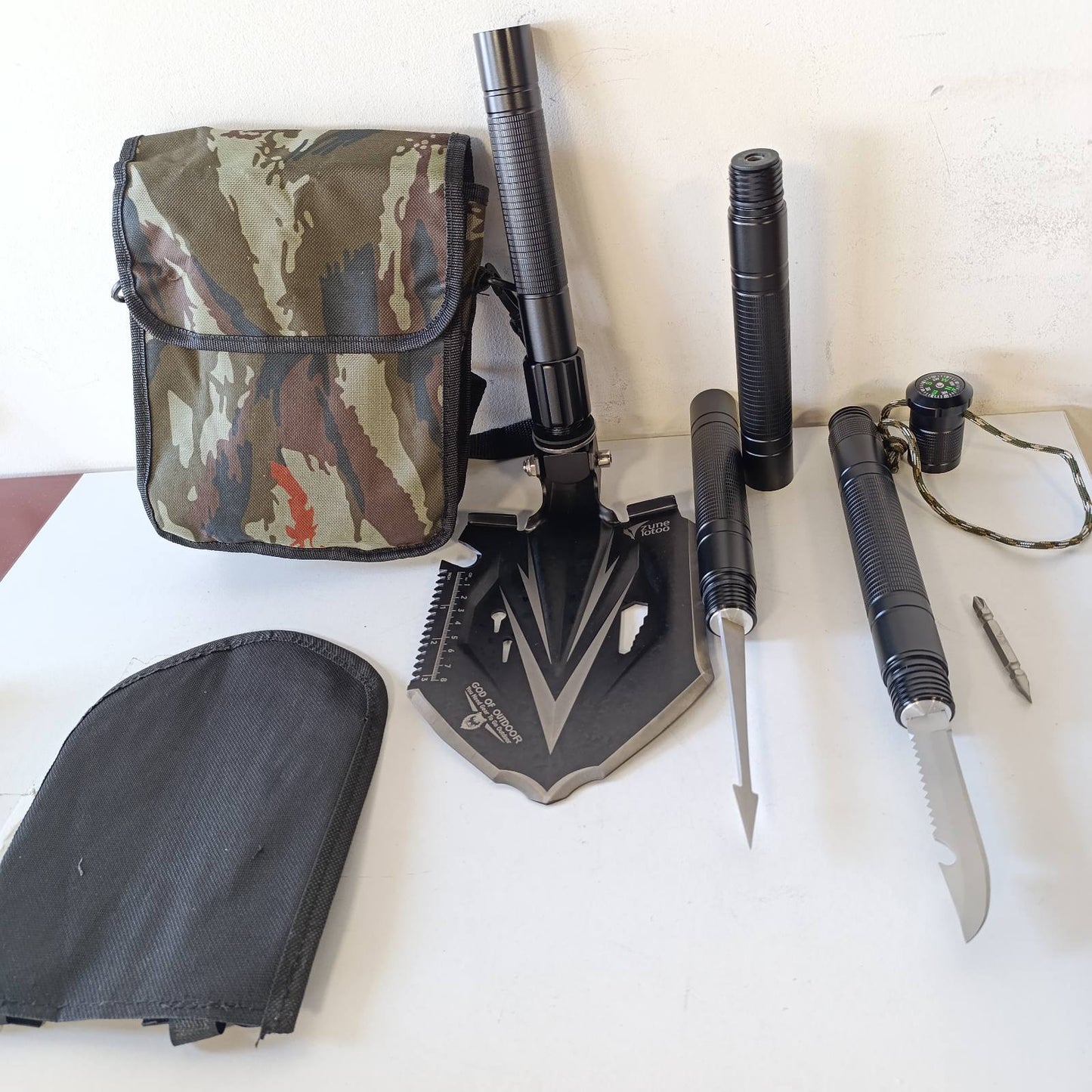 288514 - ZUNE LOTOOL Lopatë mbijetese e vogël e palosshme kampingu 18 në 1, çelik karboni, 3 pozita këndi për kamping, mbijetesë, ecje, kopsht